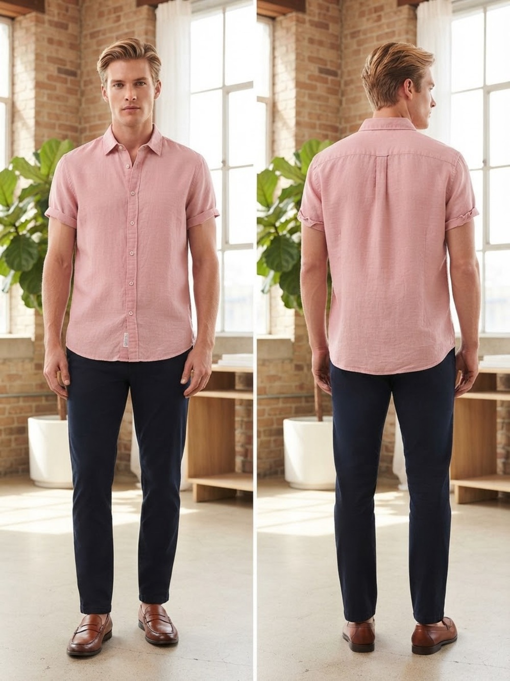 Perry Ellis Linen Blend Short-Sleeve Button-Down Shirt in Dusty Pink